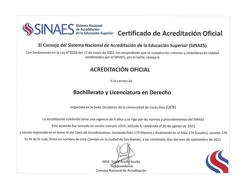 Certificado Oficial de Acreditación. Carrera de Derecho, Sede de Occidente.